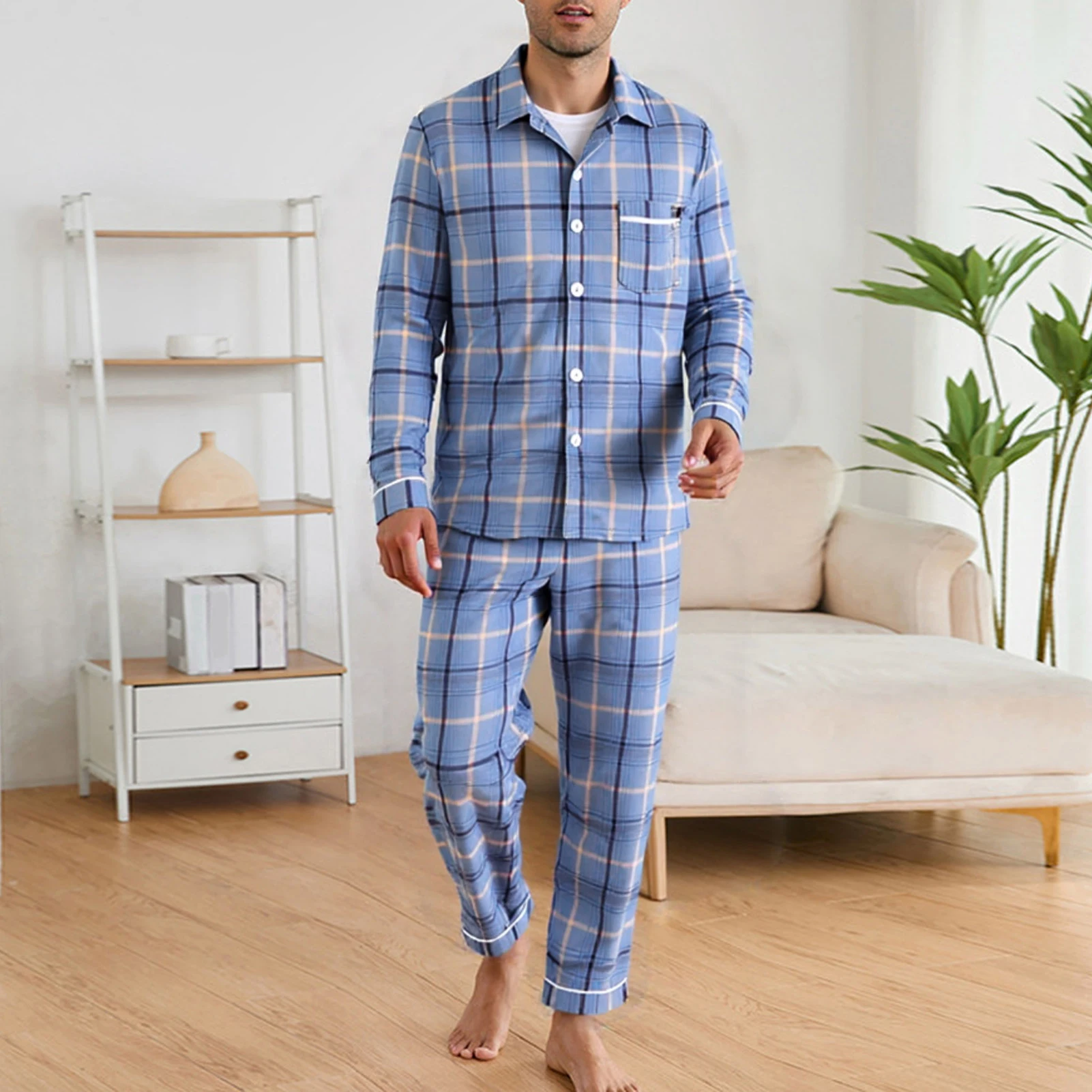 

New Man Pajama Cotton Lapel Long Sleeved Pants Plus Size Pijamas Sleepwear Leisure Homewear Nightwear For Male