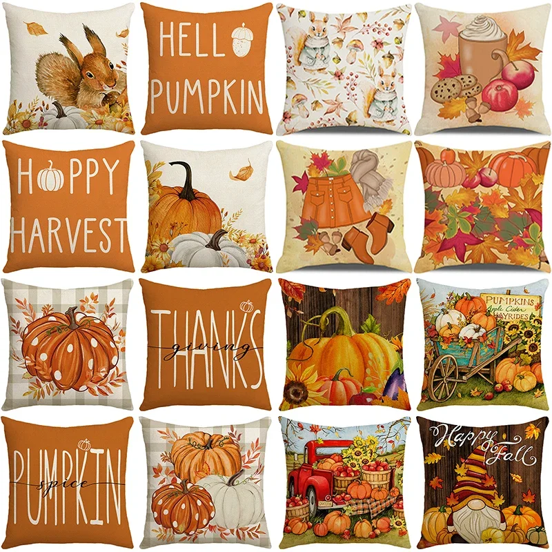 

New Fall Thanksgiving Decorative Pillow Cover 45x45cm Couch Cushion Cover Pumpkin Squirrel Print Pillowcase Holiday Decorations