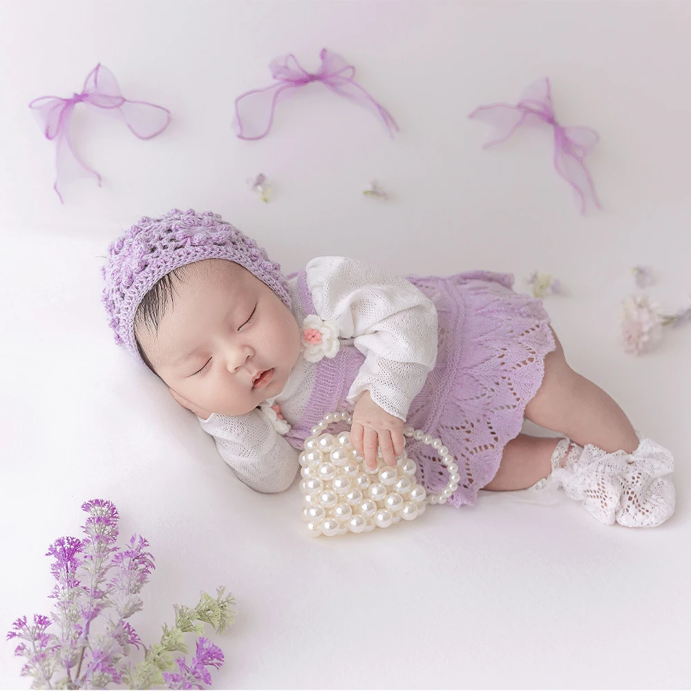 Newborn Photography Purple Theme Knit Hat + Skirt Simulation Flowers Props Pearl Bag Ladylike Style Infants Creative Photo Props