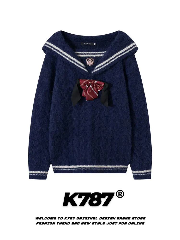 

Винтажный американский свитер K787 с воротником-стойкой в полоску для женщин, повседневный, универсальный, теплый зимний, с узлами