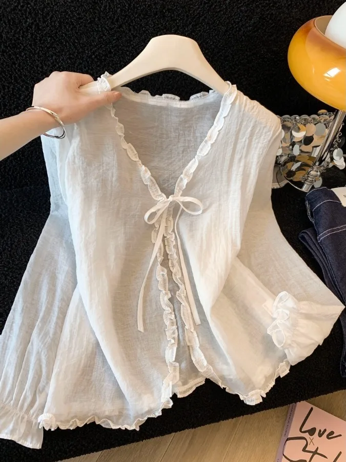 

Летняя женская рубашка с V-образным вырезом и длинным рукавом, защита от солнца, свободная тонкая рубашка с поясом, повседневный свободный топ