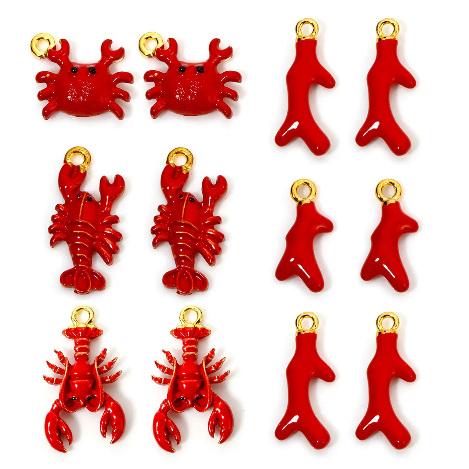 10 PCs Zinc Based Alloy Ocean Jewelry Charms Gold Color Enamel 3D Red Crab Lobster Coral Pendant For Diy Necklace Jewelry Making