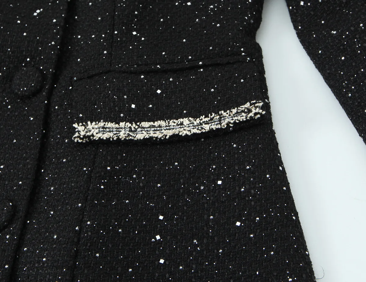 سترة نسائية لخريف/شتاء 2026 معطف طية صدر السترة وأكمام طويلة مطرزة قماش مكتنز مع شريط مدبب سترة بدلة سوداء #5