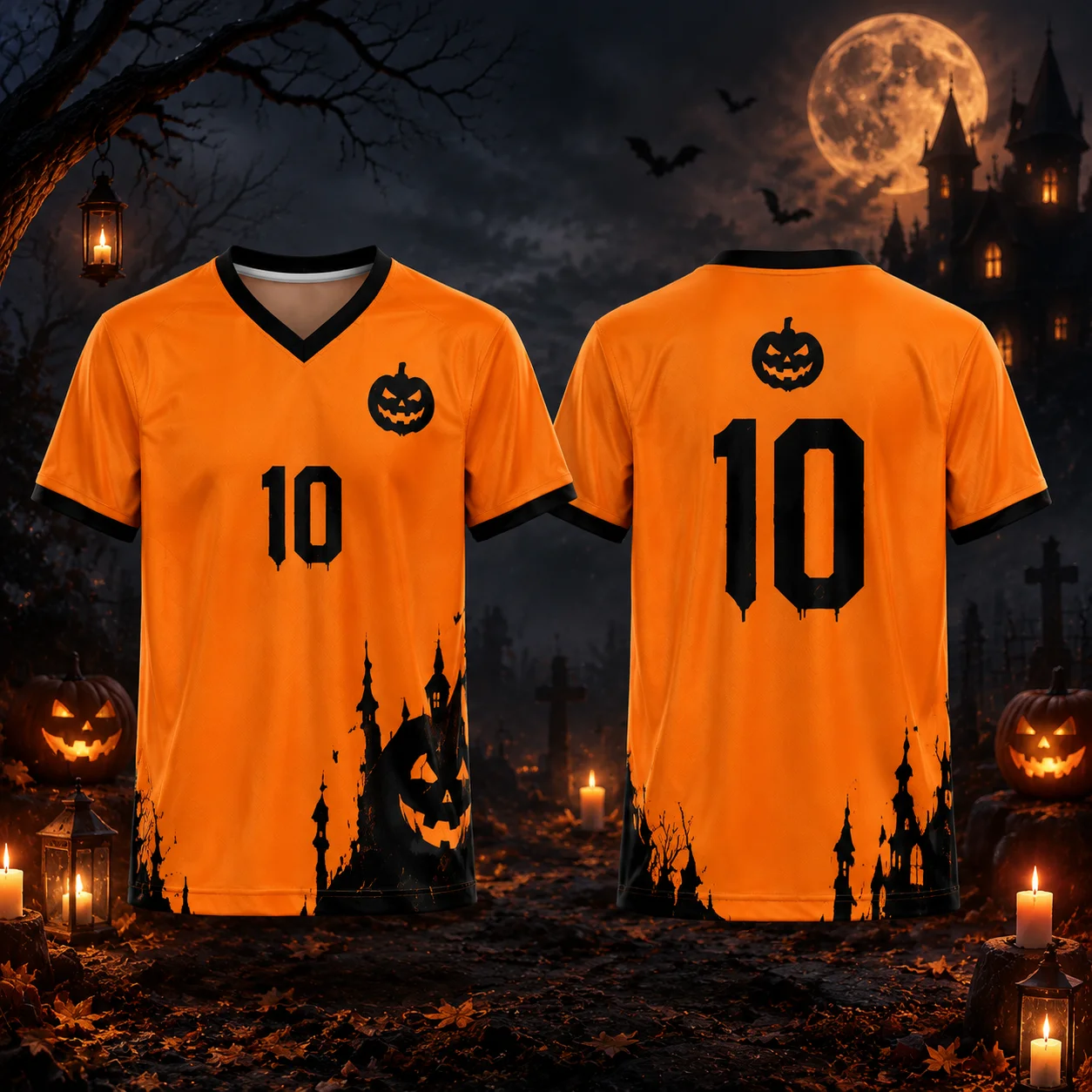 Halloween Jack-o'-lantern Castle Print V-Neck Short Sleeve Soccer Jersey, Men Women Loose Athletic Tee, Halloween Party Costume