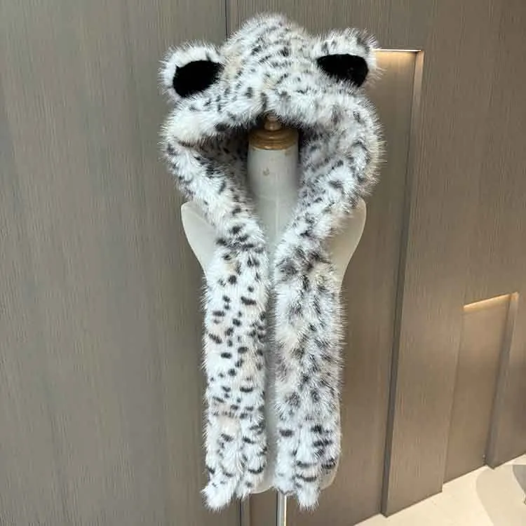 Cute Bear Ears Plush Hat Faux Fox Fur Hat Scarf All-in-one Plush Cap Winter Warm Fashion Women's Fur Hat Outdoor Warm Bib Hooded