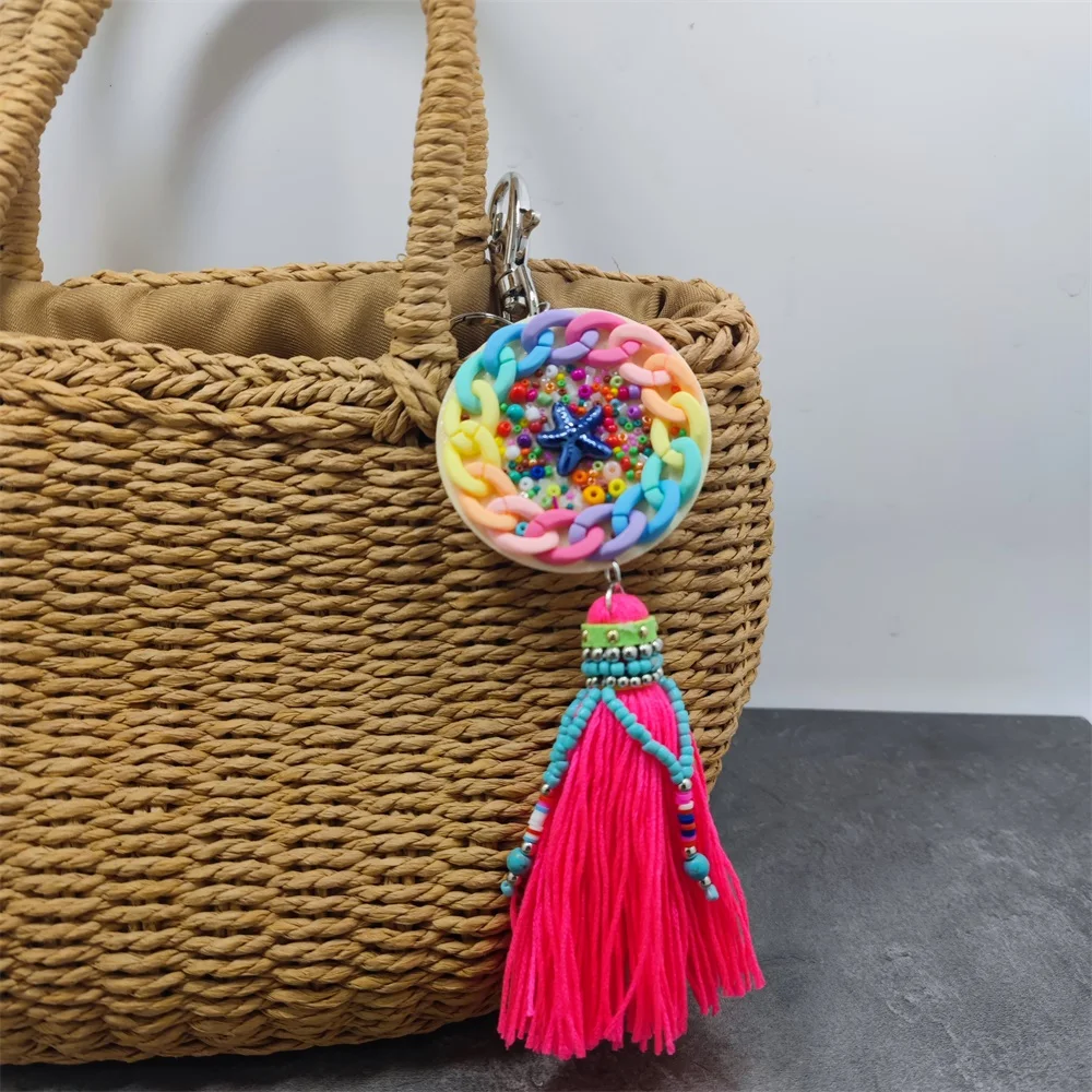 Boho Jewelry Keychain Women Bag Decoration Accessories Bohemian Car Pendant Shell Tassel Pompom Beaded Key chains