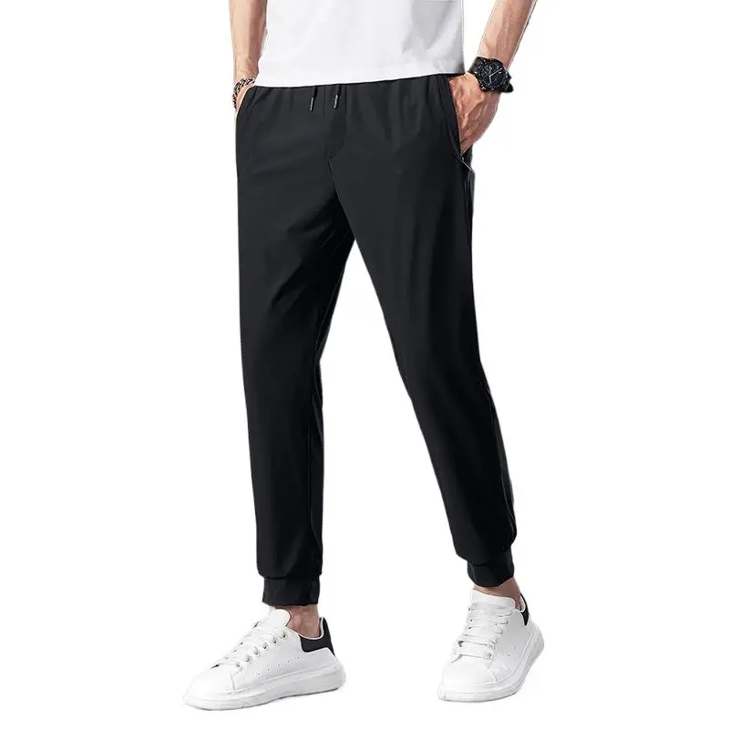 BOWEYLUN летние брюки из ледяного шелка с карманами на молнии и завязками, мужские быстросохнущие дышащие повседневные свободные прямые брюки для мужчин