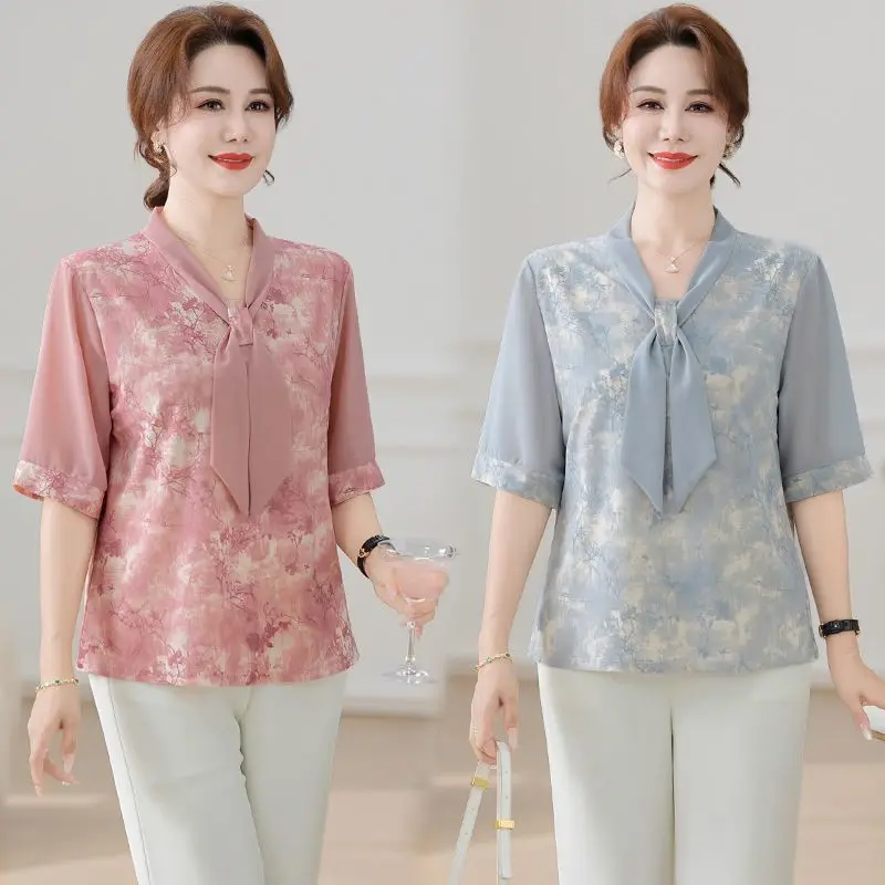 Summer Clothing for Middle Aged and Elderly People Fashionable Short Sleeved T-shirts Summer Temperament Loose Shirts