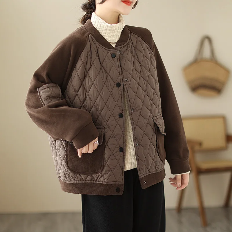 

Ретро японский Sle ort Хлопковая стеганая лоскутная бейсбольная куртка Женская свободная повседневная верхняя одежда Faion Long Sve