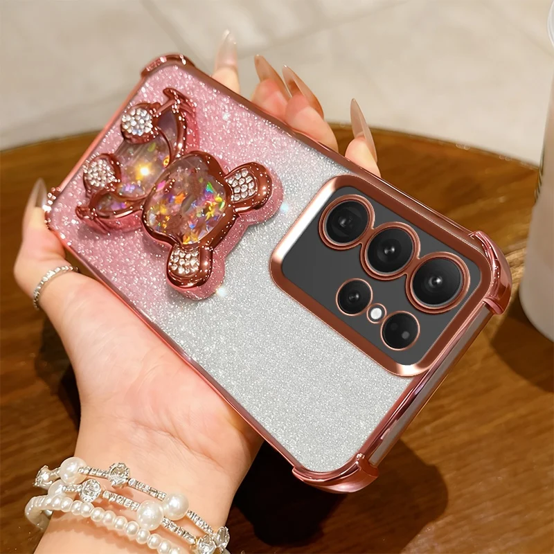 S26 Shockproof Holder Case for Samsung Galaxy S25 Ultra S22 S21 S24 FE S23 Plus Glitter Bear Bracket Stand Luxury Plating Cover