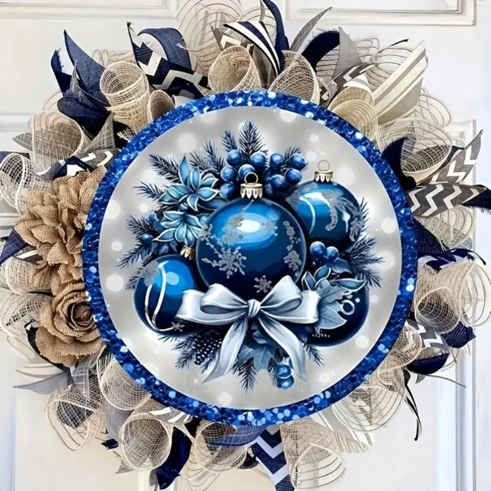 Rustic Blue Wooden Christmas Wreath Sign - Round Hanging Ornament, No Power Needed, Classic Holiday Home Garden Front Door Decor