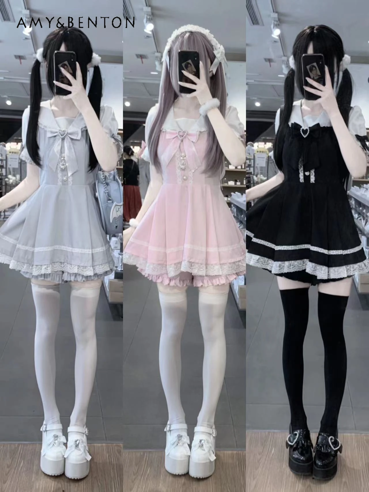 Mine Series Mass-produced Lolita Dress Set Cute Sailor Collar Bow Slim Mini Dress Shorts Sweet Two Piece Sets Womens Outifits