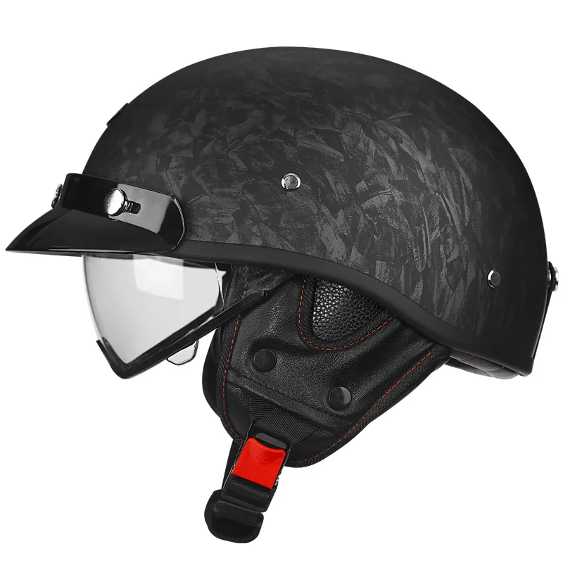 Unisex Electric Motorcycle Half Helmet with Sun Protection Built-In Lens Four Seasons Japanese Vintage Open Half Helmet DOT
