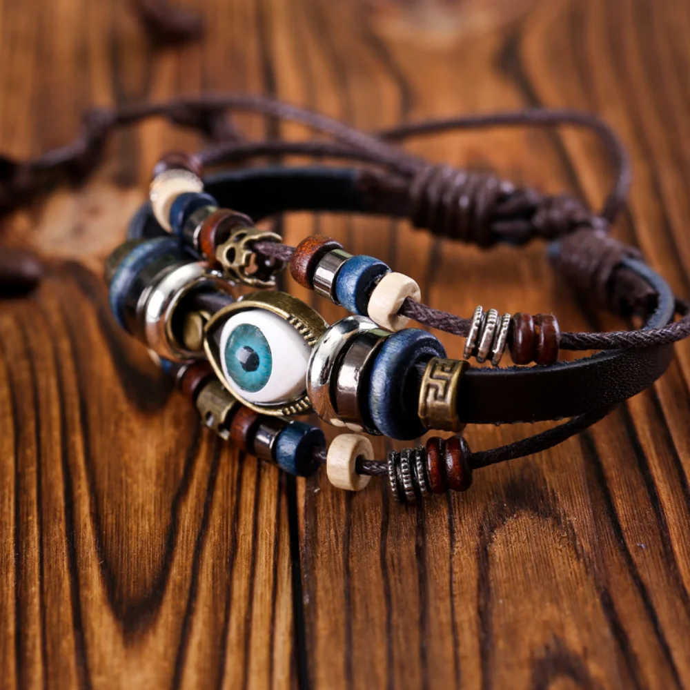 Evil Eye สร้อยข้อมือผู้ชายผู้หญิง Vintage หนังเชือก Cool ปรับสร้อยข้อมือ Charm ตุรกีเครื่องประดับฮาโลวีนคอสเพลย์
