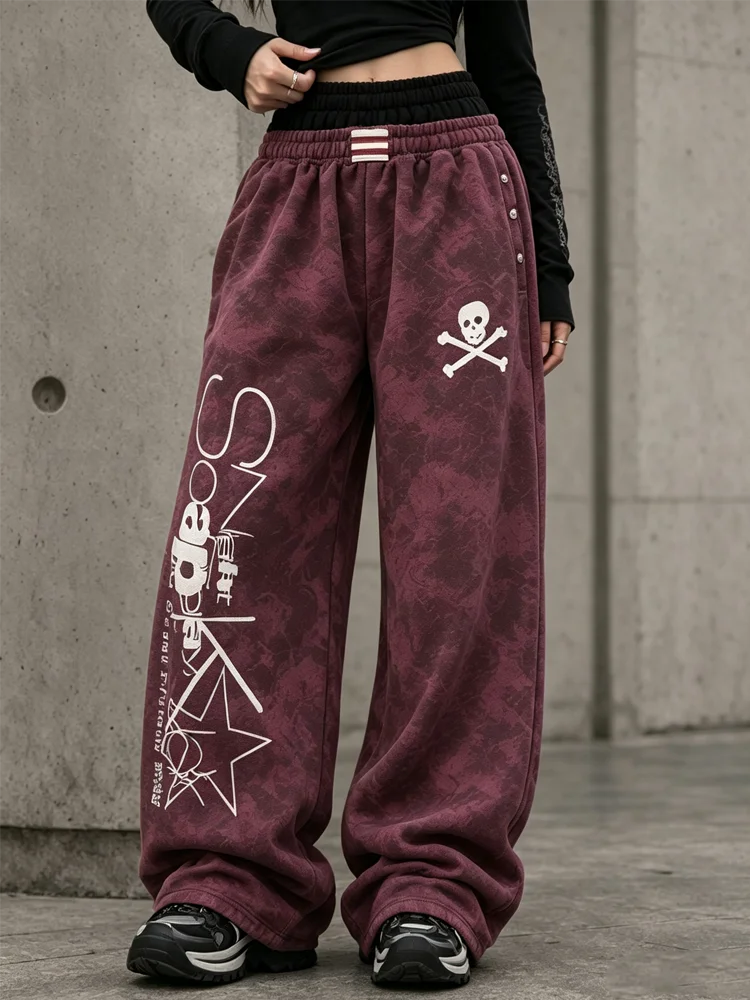 Autumn Winter Unisex Vintage Hip Hop Washed Purple Skull Graphic Dual Waist Rivet Wide Leg Relaxed Pants Casual Daily Wear