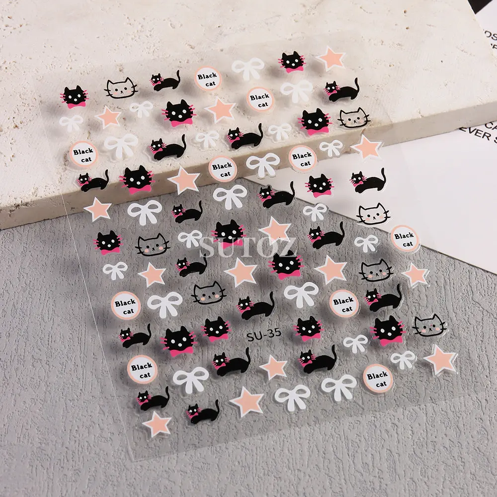 Pegatinas 3D de gato de dibujos animados para uñas, calcomanías de estrella de gato negro, deslizadores de lazo blanco para uñas, dijes infantiles, decoración de manicura, LEBSU-35