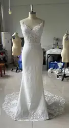 Stain Spaghetti Straps Mermaid Wedding Dress New Sexy Deep V Neck Backless Lace EmbroideryBridal Gowns Vestido Customized