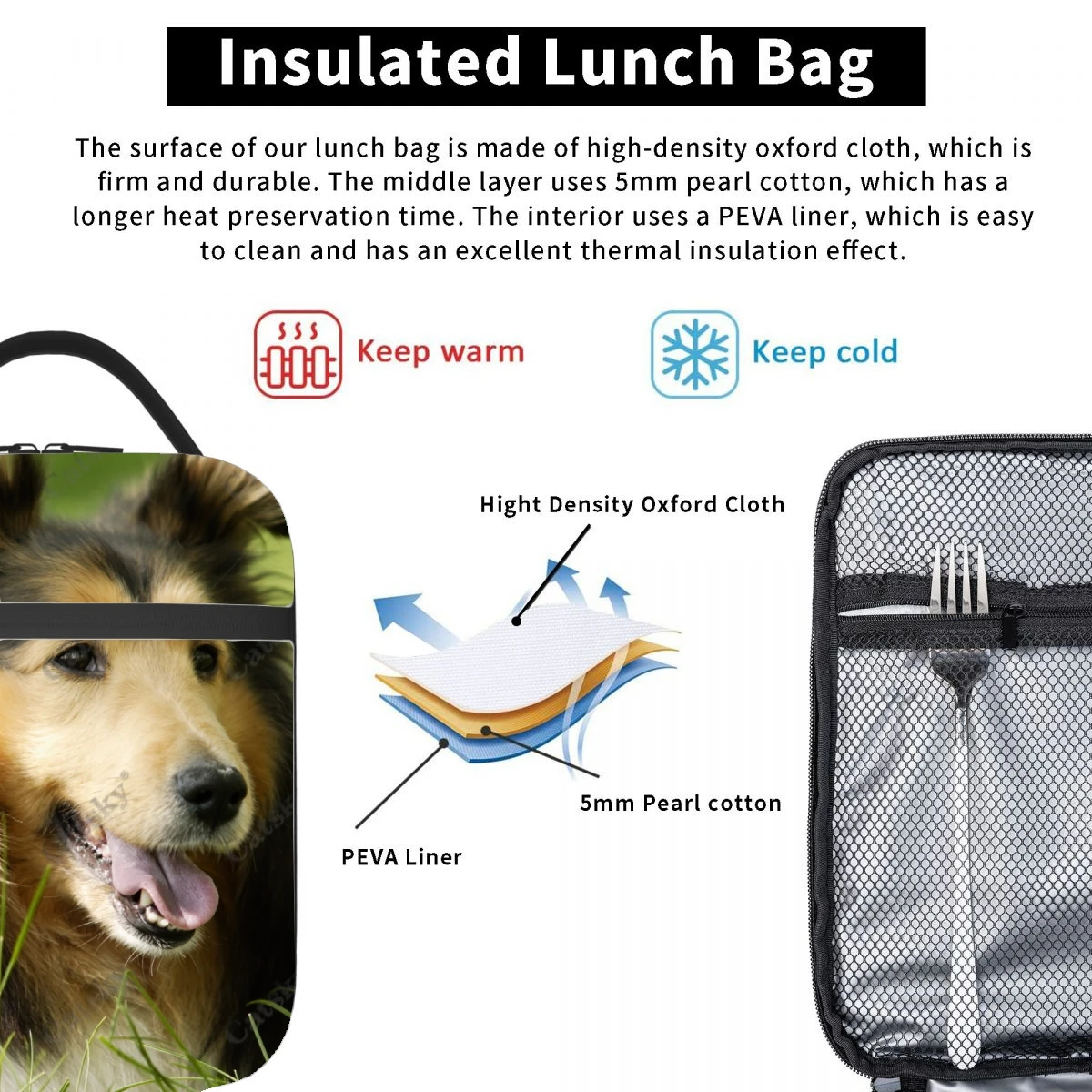 Rough Collie tas jinjing makan siang terisolasi, tas makan siang portabel aluminium foil tebal tahan air bermotif