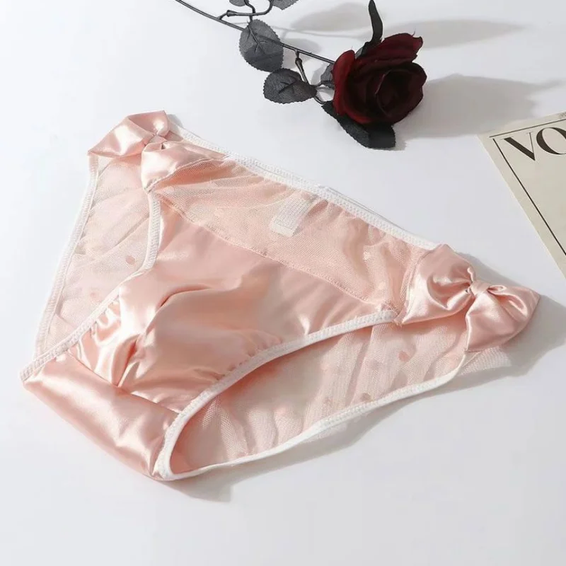 French Satin Lace Traceless Sweet Men Panties Glossy Smooth Breathable Briefs Sissy Erotic Mesh Cross-dressing Sexy Lingerie﻿﻿﻿﻿