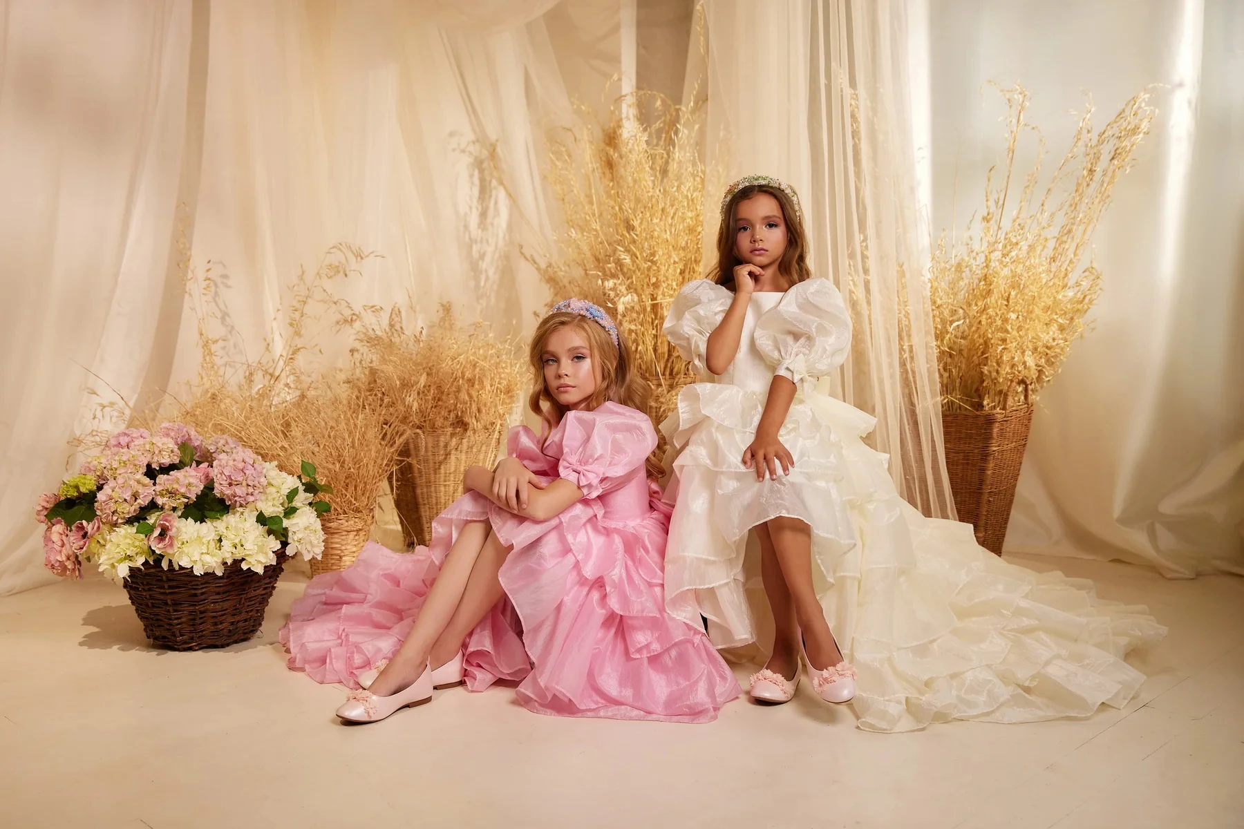 Vestido rosa menina flor para casamento, cetim puffy em camadas com laço, vestido de baile da primeira comunhão, princesa, 2024