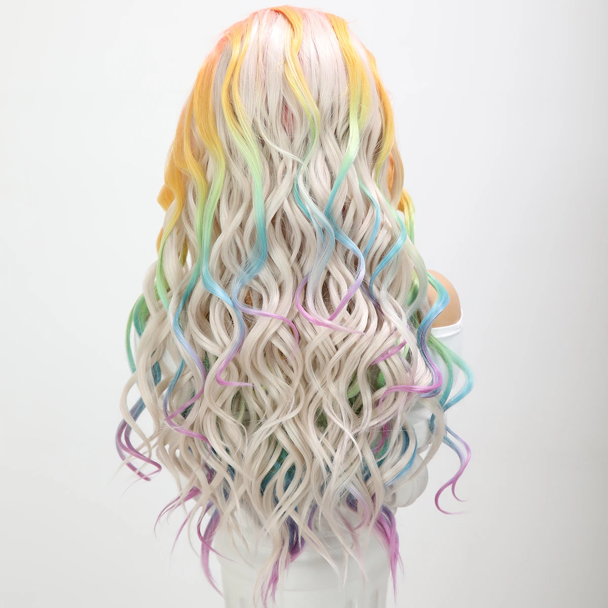 European and American rainbow gradient highlight dyed curly Long Natural front lace wig Colored party heat-resistant wig