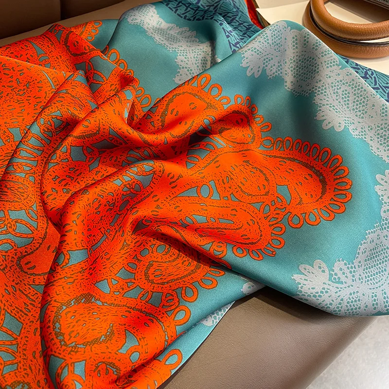 Chinese Style Classic Blue Orange Flower Silk Scarves Big Square Scarf Shawl Beach Towel Girl to Send Mom