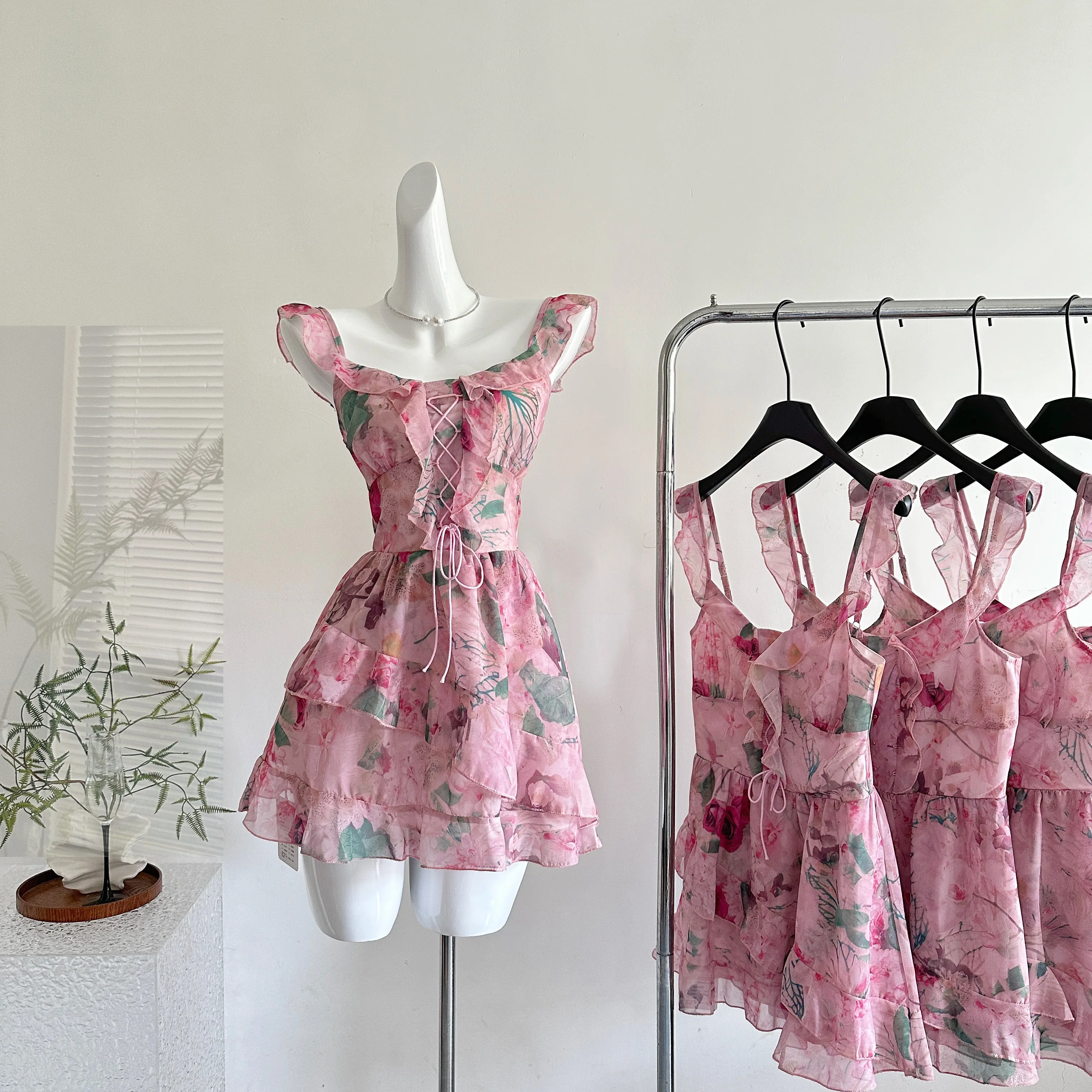 

2025 Summer Women Floral Pattern Shoujo Chiffon Dress Mini Frock A-line One-Piece Sleeveless Prom Gown Evening Party Coquette