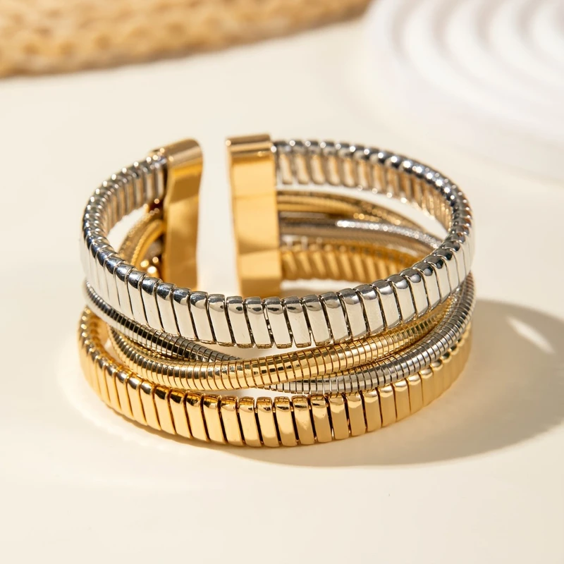 Vintage Style Gold and Silver Contrast Color Multi-layer Snake Bone Chain Bracelet Unique Design Open Cuff Fashionable Stackab