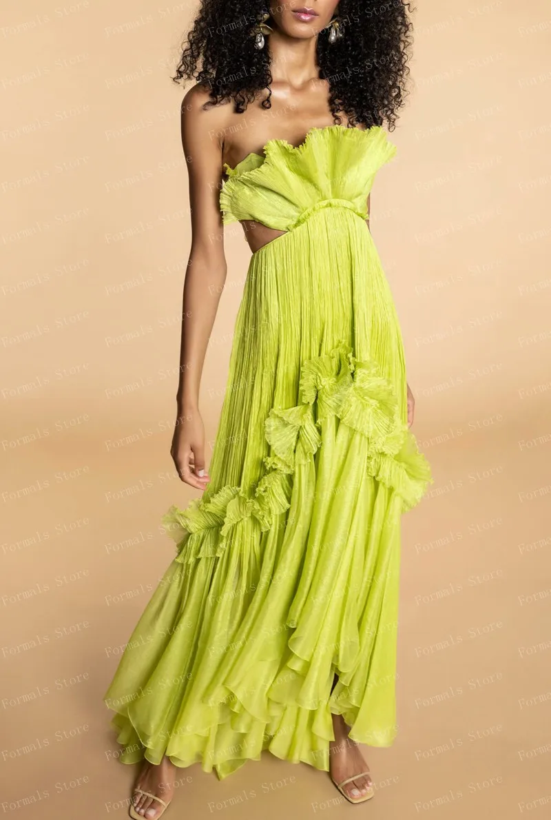 Vestido de noche de Organza verde brillante sin tirantes para mujer, ropa hasta el tobillo, pliegues con volantes, vestidos de graduación, espalda abierta, vestido de evento