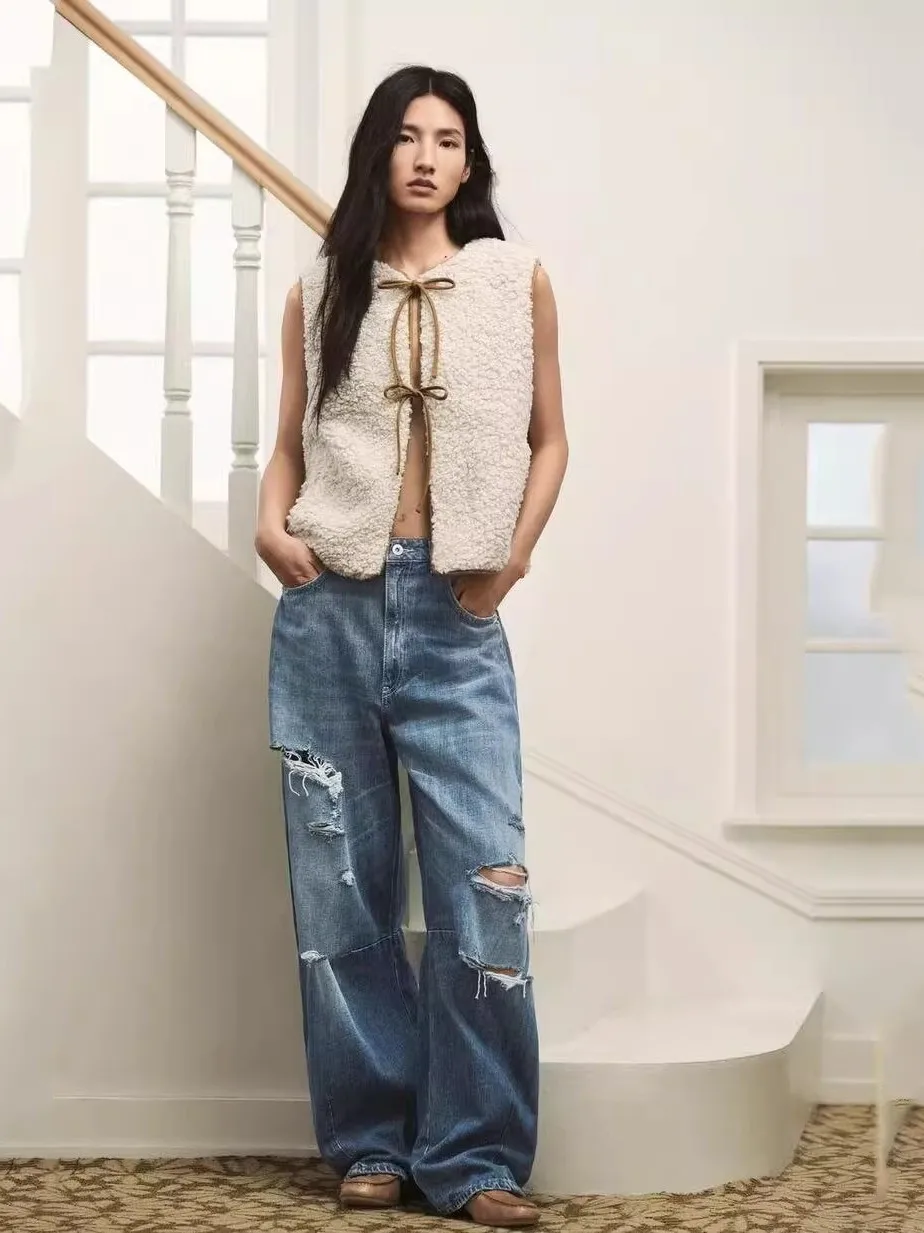 

Ele Charm Sle Women's Vest Autumn New Arrival Lamb Fur Knot Decorated 30826 Outerwear round Ne Regular Le...