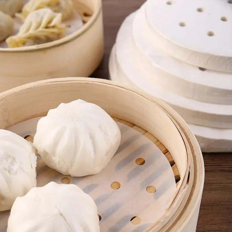 100PCS Steamed Bun Paper with Perforated Round Disposable Steamer Paper Non-stick Steamer Paper Baking