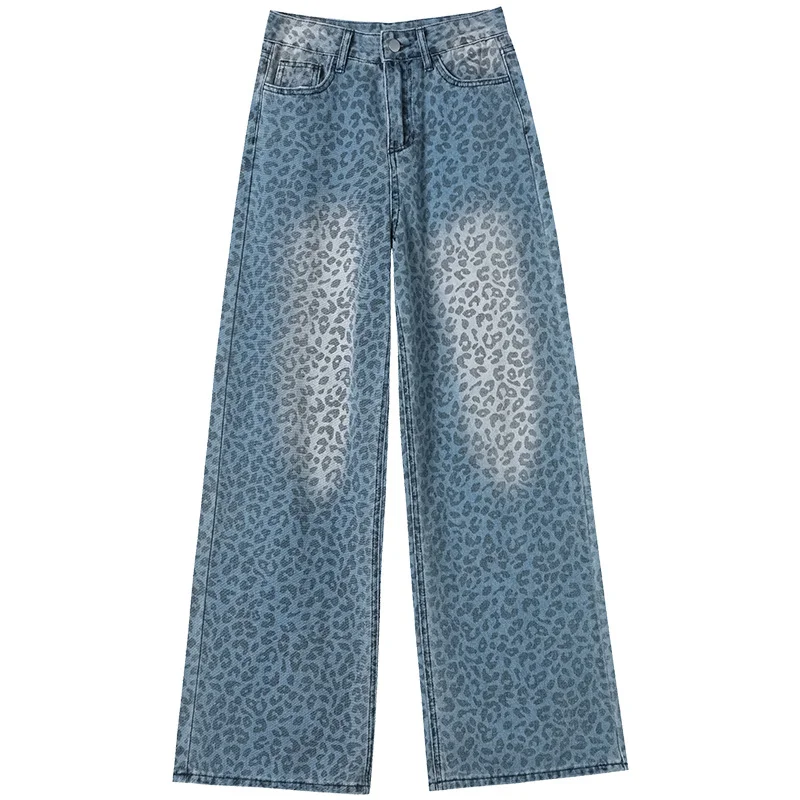 

Широкие джинсы с леопардовым принтом в стиле ретро, женские весенне-осенние модные универсальные прямые брюки, темпераментные джинсовые брюки с высокой талией