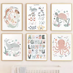 Boho Whale Turtle Octopus Mermaid Alphabet Cartoon Poster Nordic Wall Art Print Canvas Painting Pictures Baby Kids Room Decor