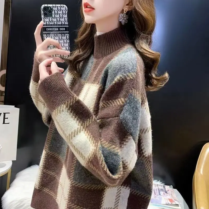 Lattice Patchwork Mock Neck Loose Women's Clothing Long Pullovers Straight Autumn Winter Thick Fashion Streetwear Korean Casual