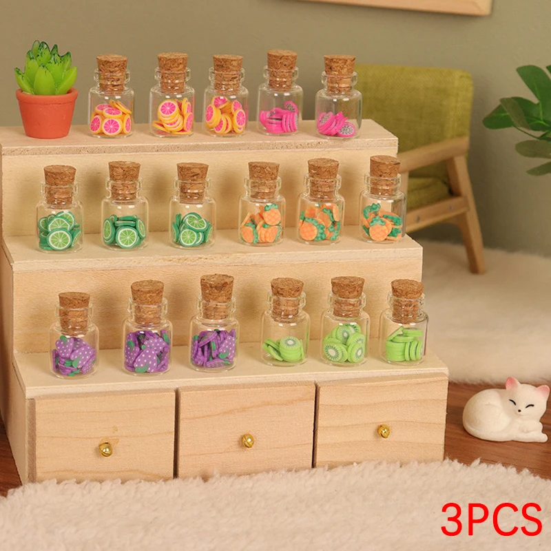 3 Stks/zak Simulatie Fruit Plakjes Glazen Fles Poppenhuis Speelgoed Miniatuur Food Fruit Pot Model Mini Keuken Micro Landschap Ornament