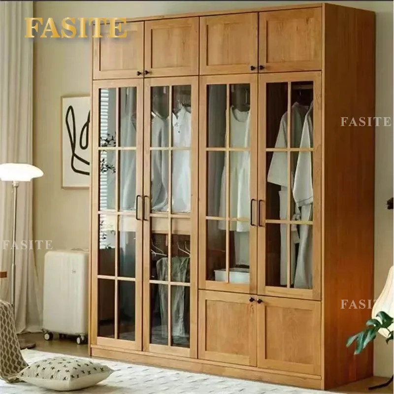 for Japanese Style Glass Door Solid Wood Wardrobe Cherry Wood Bedroom Cloakroom Simple Black Walnut Hanging Closet Furniture