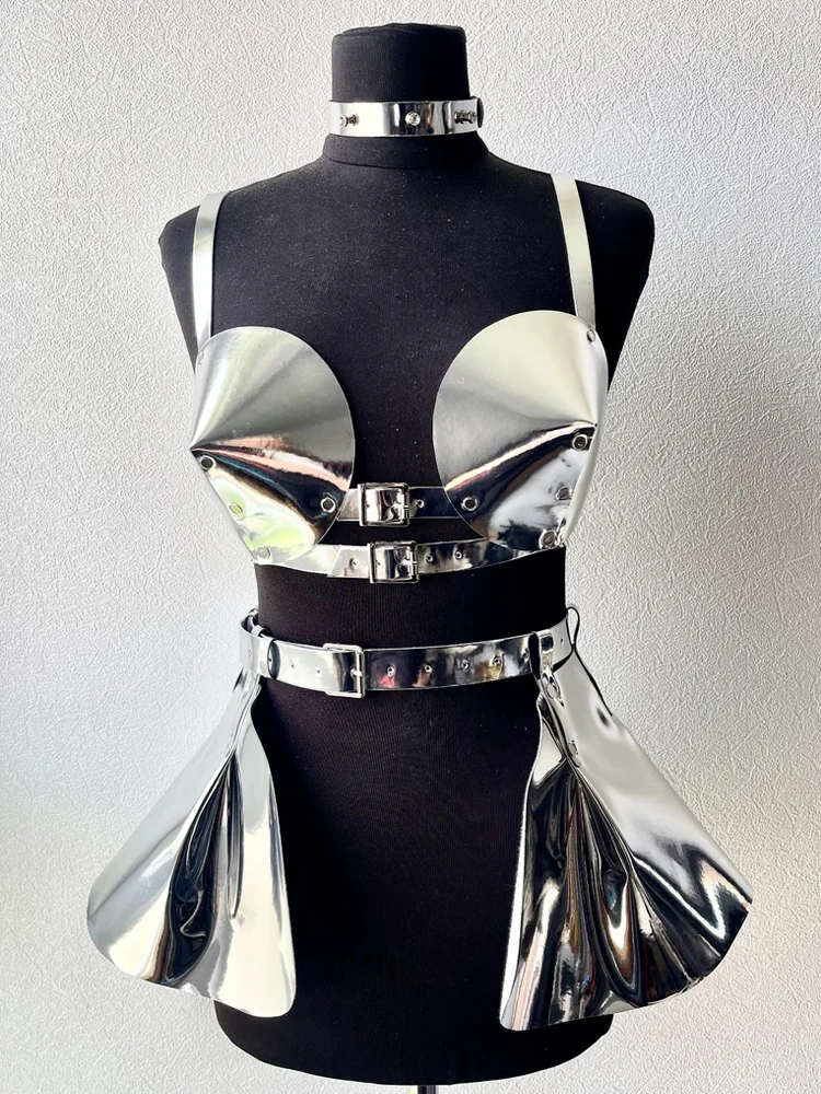 Concert Damen BH mit PU-Lederriemen, Space Dance Kostüm, Cosplay, einfarbig, mit Hosenträgern, Gothic, Rüschen-Hosenträger-Set – Detail 1
