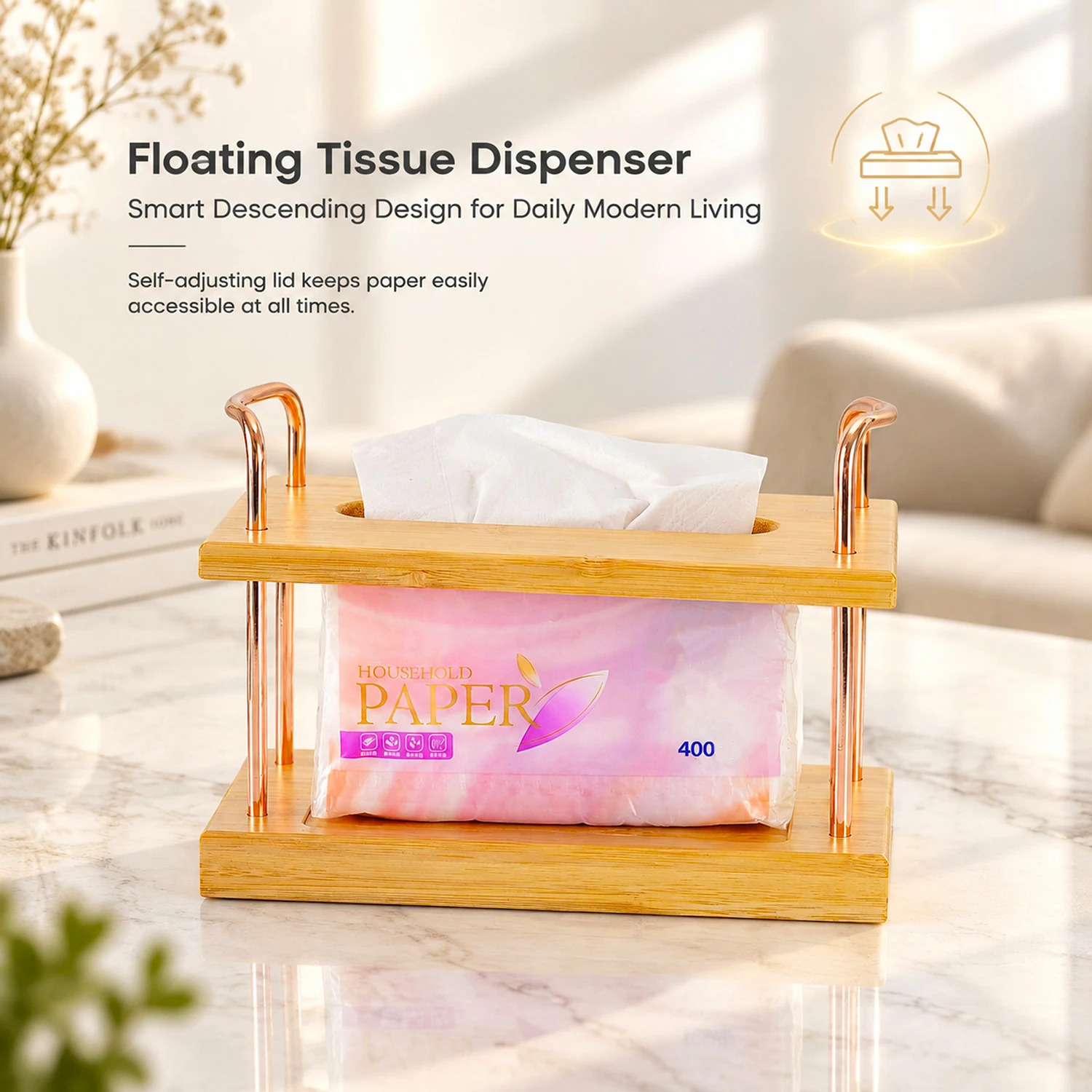 Floating Tissue Box Bamboo Tissue Box Cover Artistic Napkin Holder Tissue Dispenser for Home Hotel Restaurant Tabletop Organizer