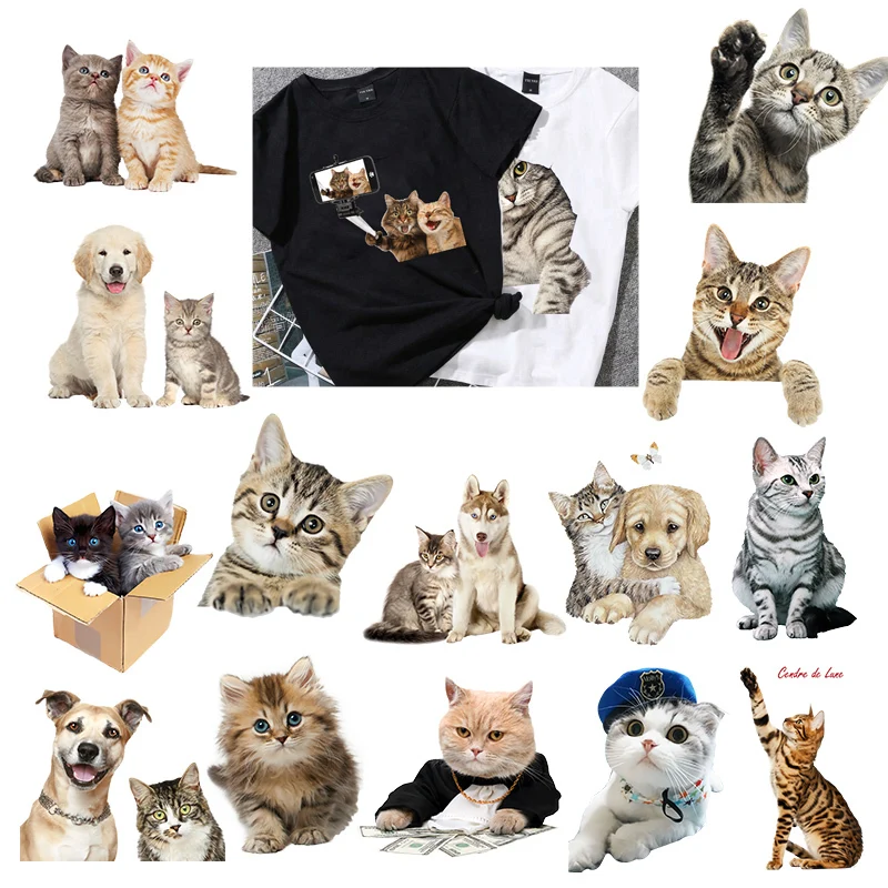 Cute Pet Cat Dog Best Friends Animal Iron On Patches For DIY Heat Transfer Clothes T-Shirt Thermal Stickers Decoration Printing