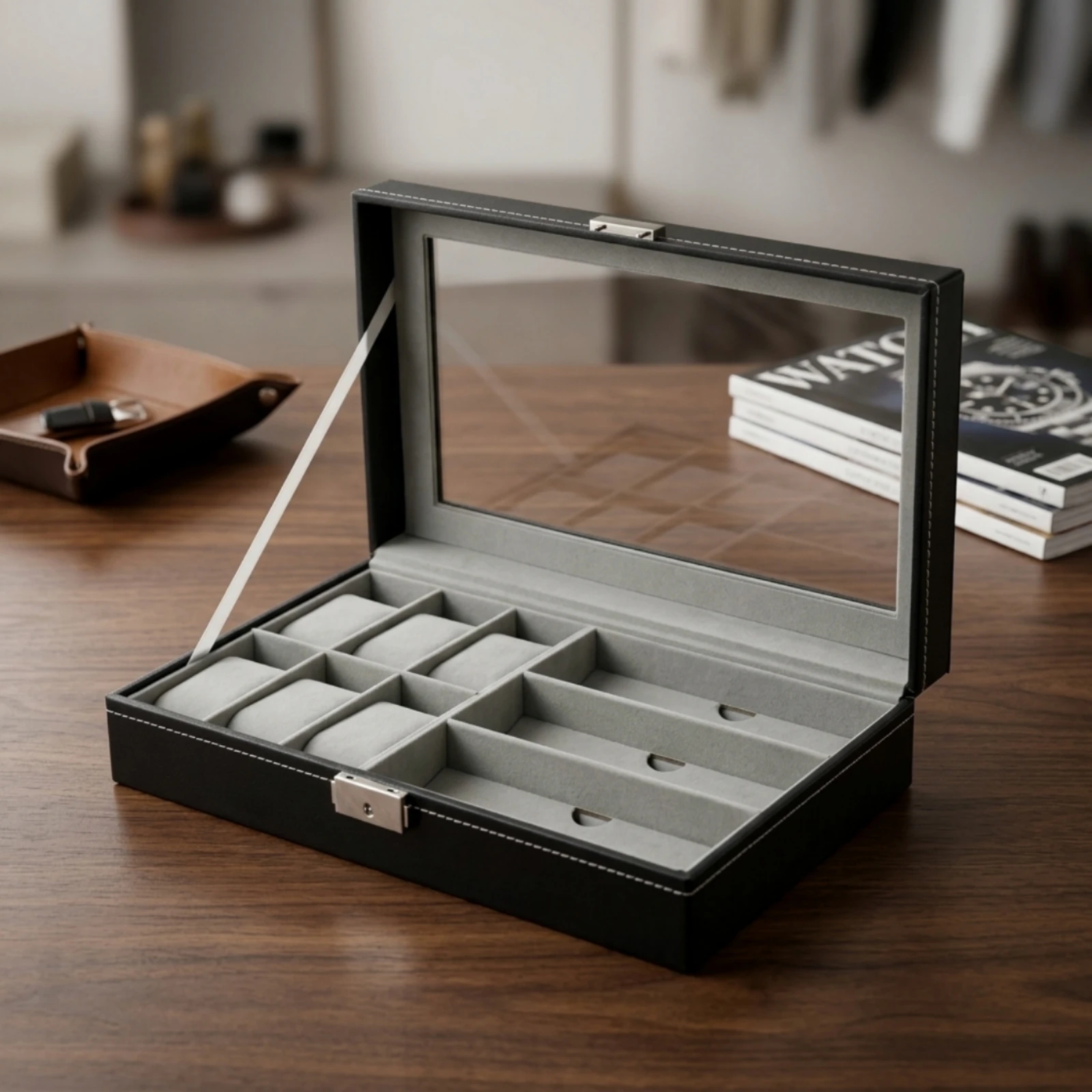 Watch Box Dustproof Watch Organizer with Window Jewelry Box Velvet-Lined Display Case Pu Leather for Collectors, Dresser, Vanity