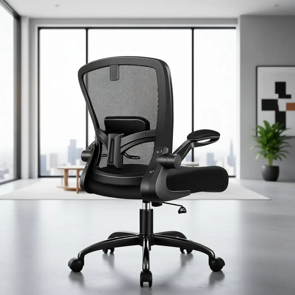 كرسي مكتب دوار مريح عالي الظهر مع دعم قطني قابل للتعديل ومساند للذراعين (أسود) #1