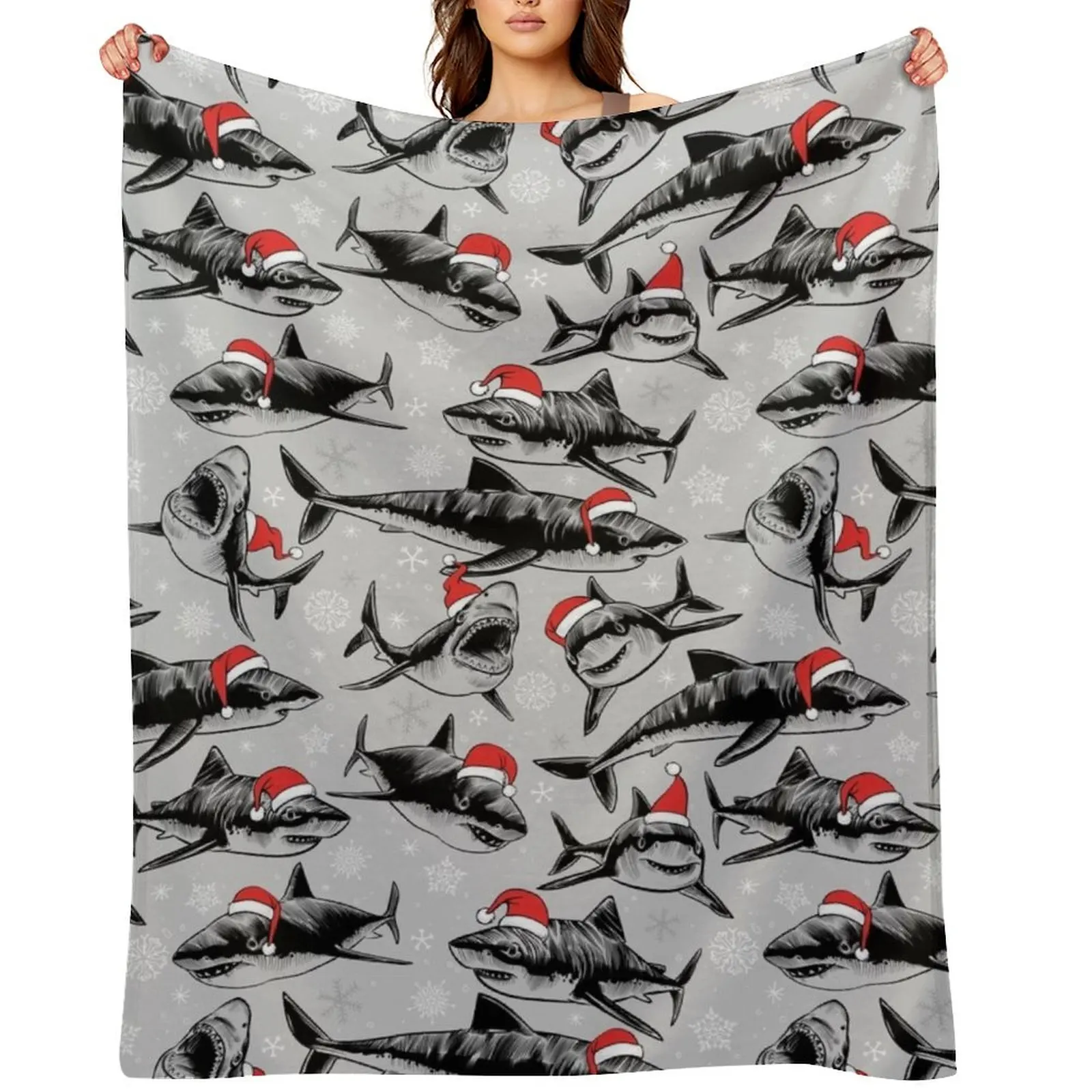 Santa Sharks Throw Blanket Decoratives Nap decorative Hairy Weighted warm winter Blankets