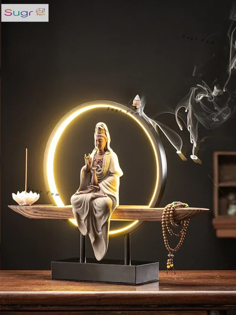 

Zen jade clean bottle Guanyin Bodhisattva Buddha statue lamp ornament backflow incense creative ceramics high-end home decoratio