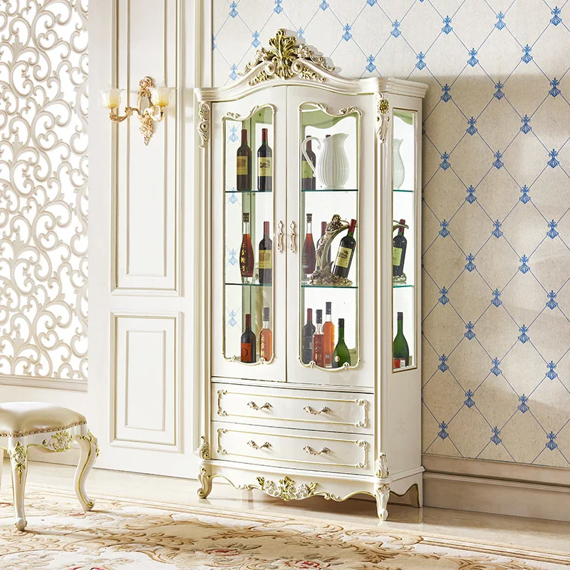 

European wine cabinet full solid wood carving flower white living room luxury wine cabinet modern simple single double glass doo