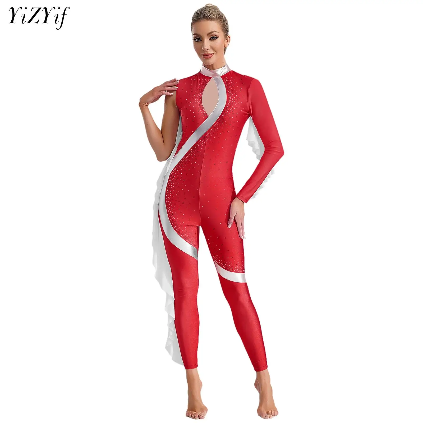 Color Block Ruffles Ballet Full Body Unitards Dance Wear Costume Adult Long Sleeve Figure Skating Gymnastic One Piece Jumpsuit