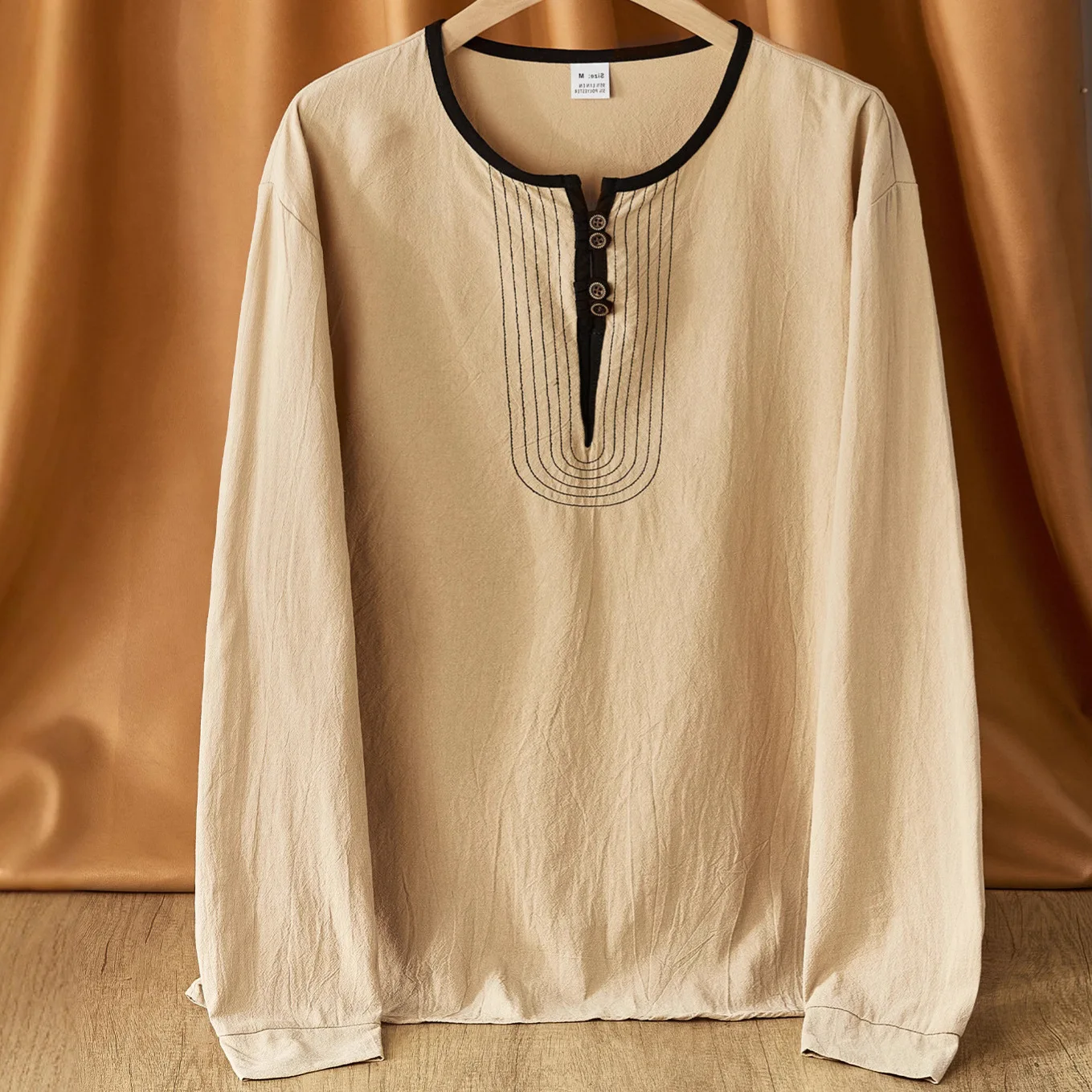 Spring Autumn Men Loose Casual Shirt Contrast Neck Decorative Stitching Long Sleeve Multi‑color