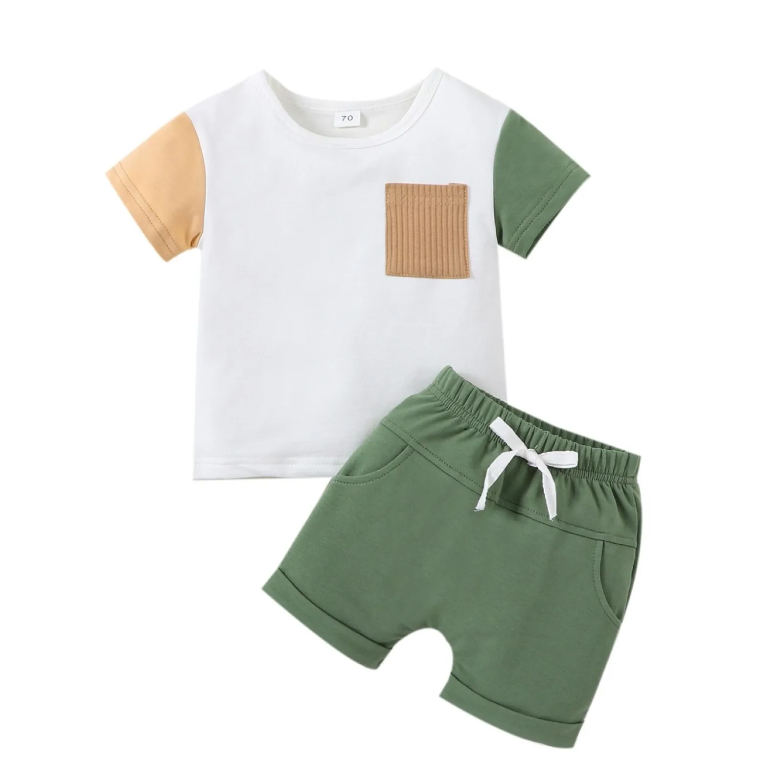 

6t Boys Track Suit Infant Boys Girls Summer Suit New Children's Patchwork Color Pocket Short Sleeved Baby Boy Summer Short Pants