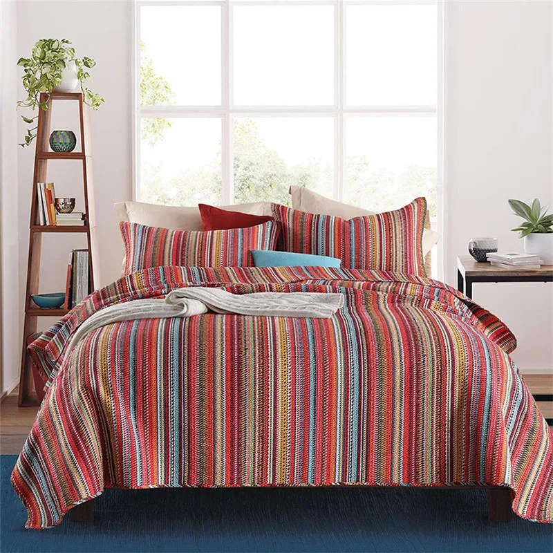 

Bohemia Striped Cotton Quilted Bedspread for Bed, Quilt Set, Reversible Summer Quilt, Comforter Blanket, Queen Size Bed Cover