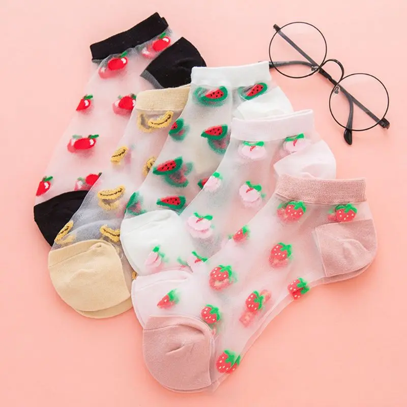 5 Pairs Women Transparent Crystal Fiber Boat Socks Watermelon Fruit Jacquard Summer Ultra-Thin Invisible Hosiery 37JB