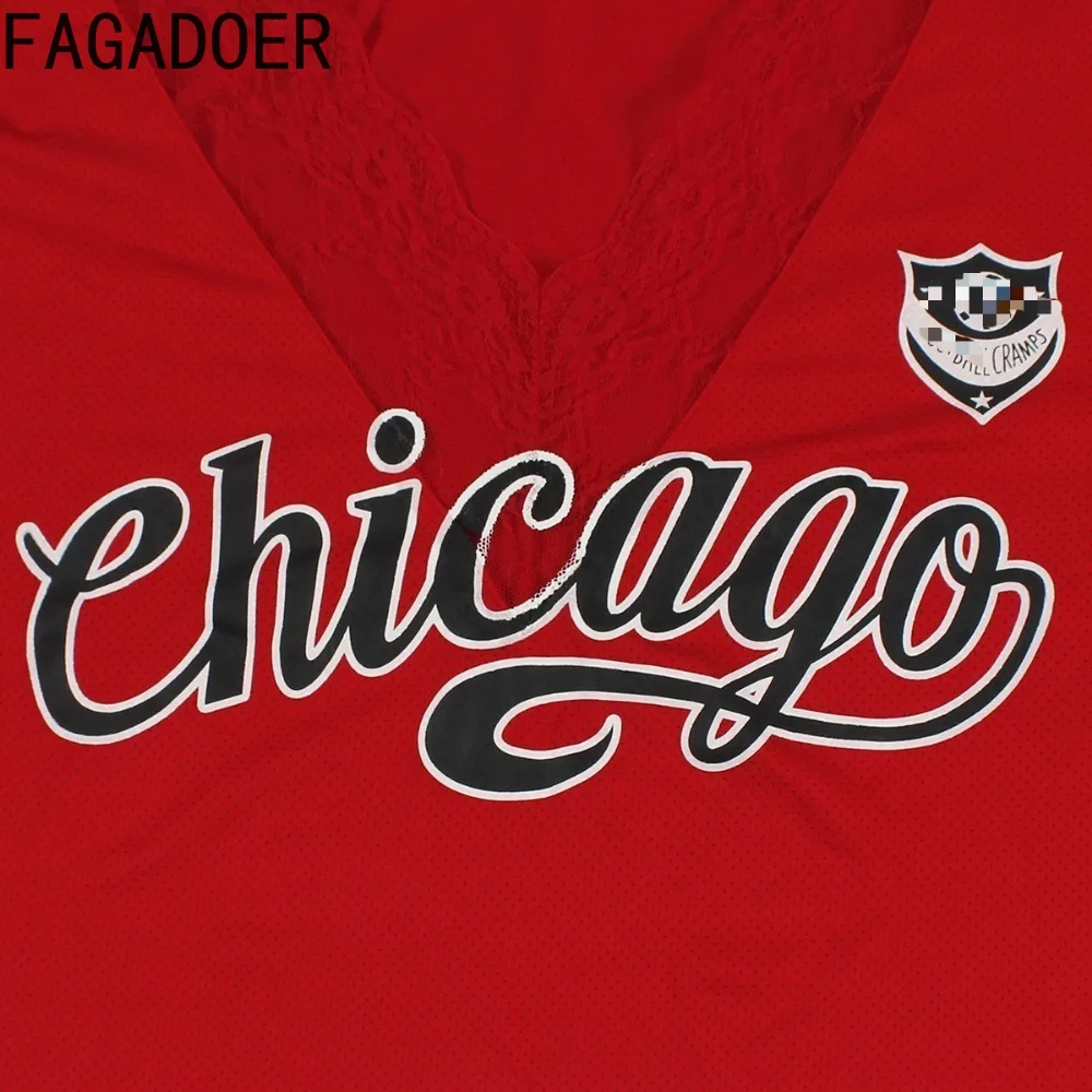 FAGADOER Red Letter Print T-Shirt Women Sexy V-neck Lace Patchwork Basketball Tshirt Hot Girl Exposed Navel Loose Casual Top New